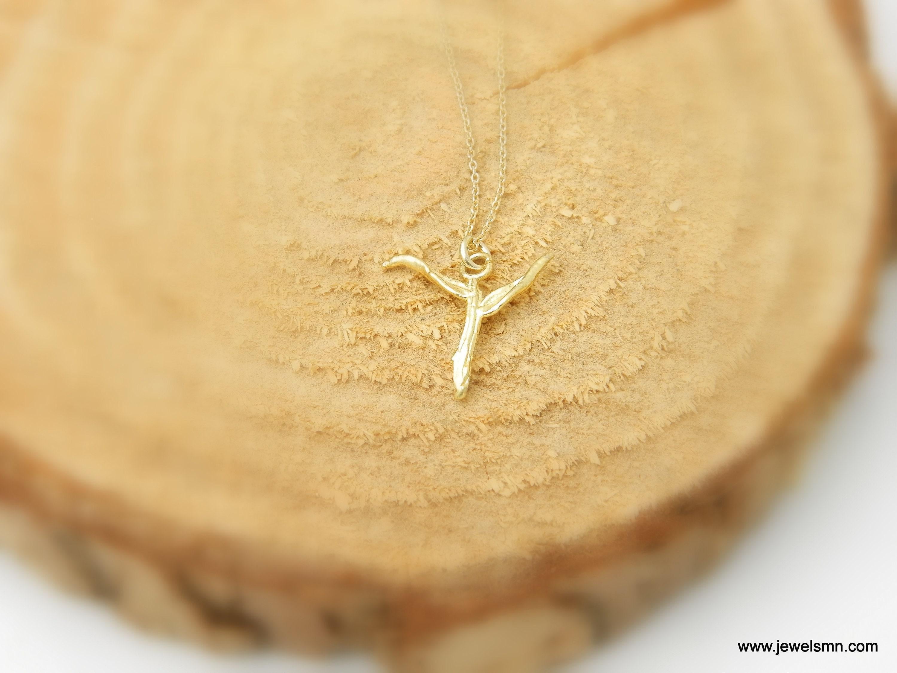 Gold Cross Necklace, Tree Branch Pendant, Handmade Nature Jewelry, Gift for Faith and Protection, Eco Sustainable Sterling Silver 925