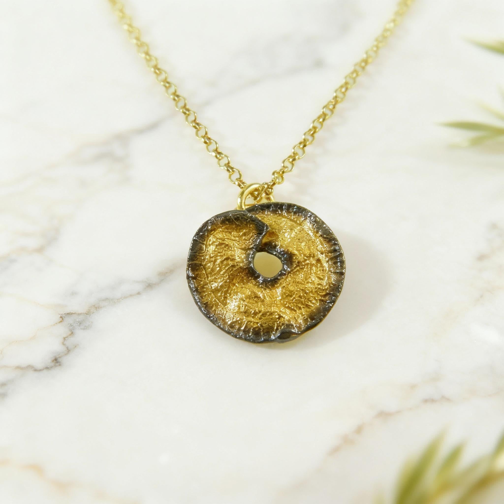 Gold Disc Flower Necklace, Handmade Minimalist Jewelry, Organic Nature Pendant, Gift for Health and Longevity, Sterling Silver 925