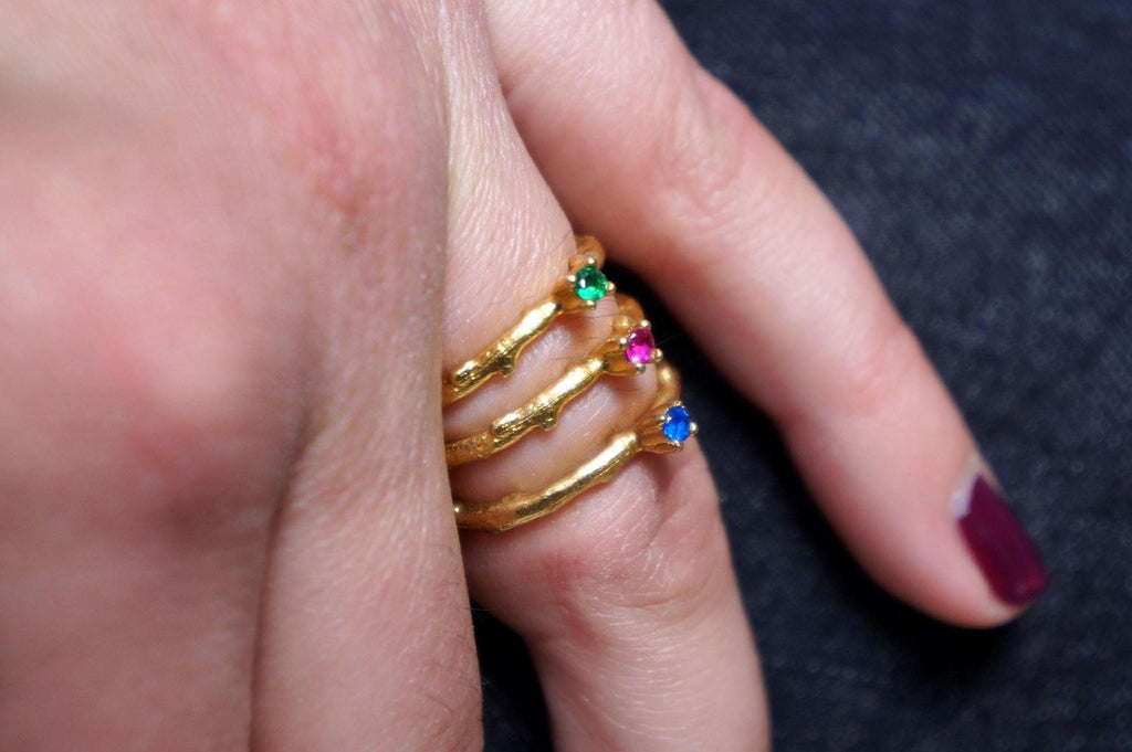 Gold Branch Ring with Zircon, Handmade Minimalist Jewelry, Dainty Stack Band, Gift for Health and Longevity, Sterling Silver 925
