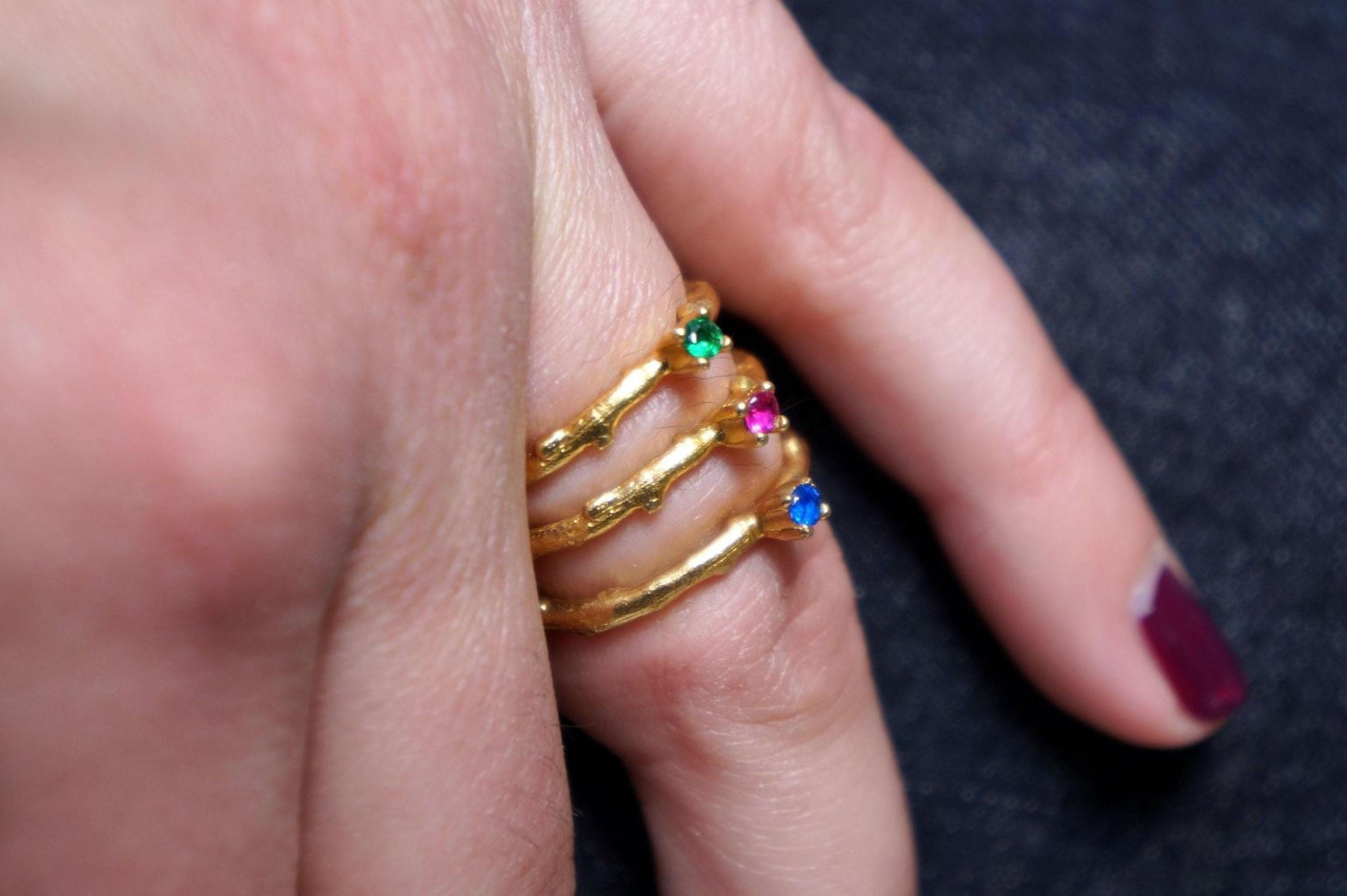 Gold Branch Ring with Zircon, Handmade Minimalist Jewelry, Dainty Stack Band, Gift for Health and Longevity, Sterling Silver 925