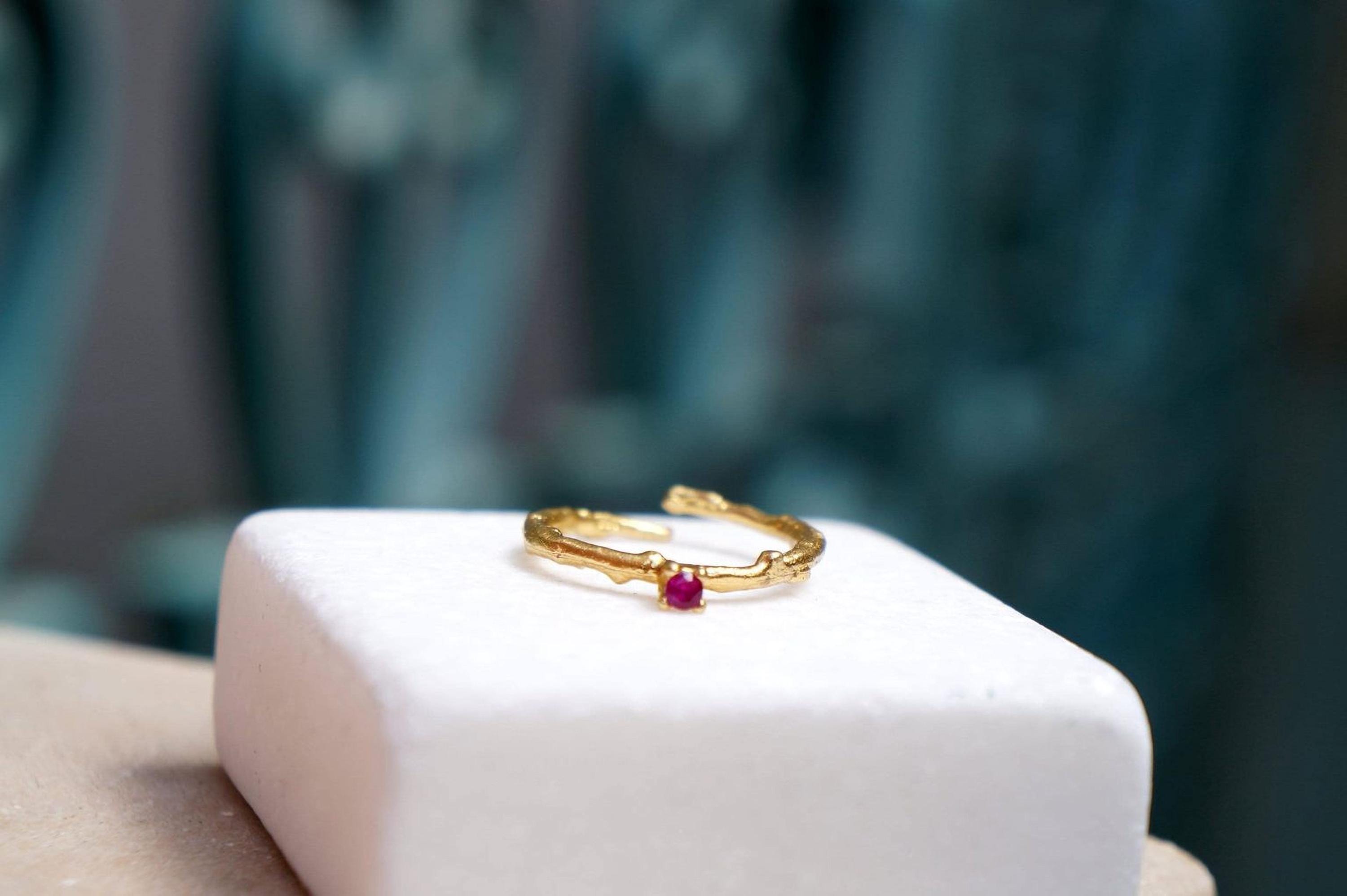 Gold Branch Ring with Zircon, Handmade Minimalist Jewelry, Dainty Stack Band, Gift for Health and Longevity, Sterling Silver 925