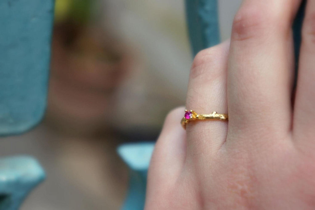 Gold Branch Ring with Zircon, Handmade Minimalist Jewelry, Dainty Stack Band, Gift for Health and Longevity, Sterling Silver 925