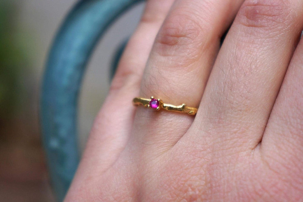 Gold Branch Ring with Zircon, Handmade Minimalist Jewelry, Dainty Stack Band, Gift for Health and Longevity, Sterling Silver 925