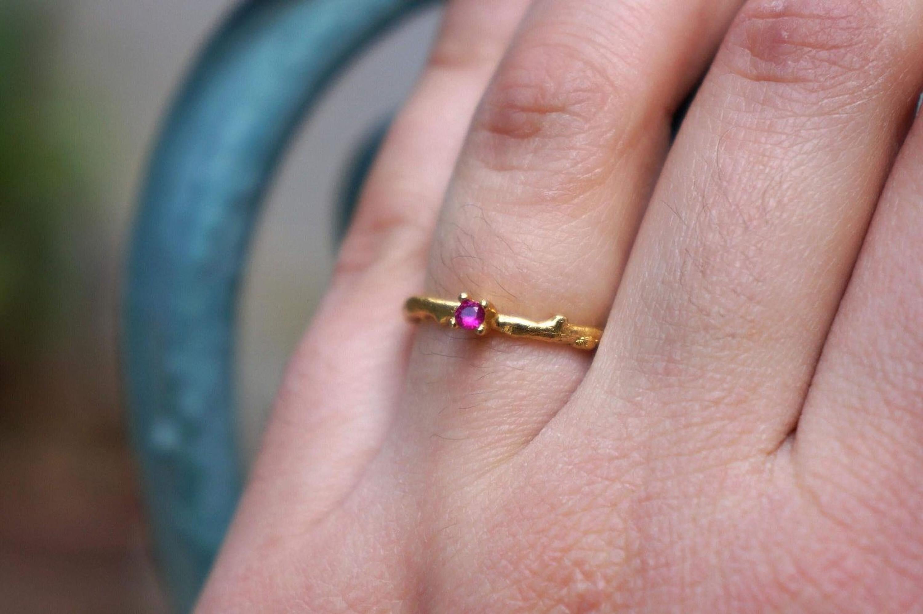 Gold Branch Ring with Zircon, Handmade Minimalist Jewelry, Dainty Stack Band, Gift for Health and Longevity, Sterling Silver 925