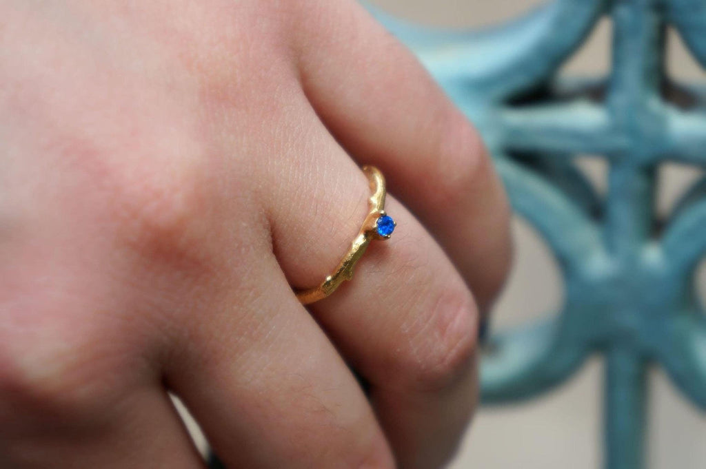 Gold Branch Ring with Zircon, Handmade Minimalist Jewelry, Dainty Stack Band, Gift for Health and Longevity, Sterling Silver 925