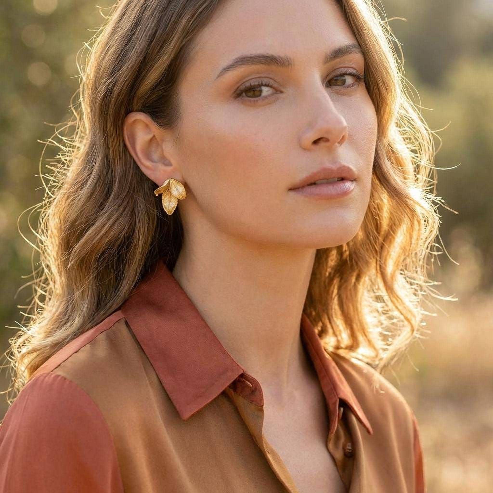Golden Rose Leaf Earrings, Handmade Minimalist Jewelry, Boho Forest Studs, Gift for Health and Longevity, Sterling Silver 925