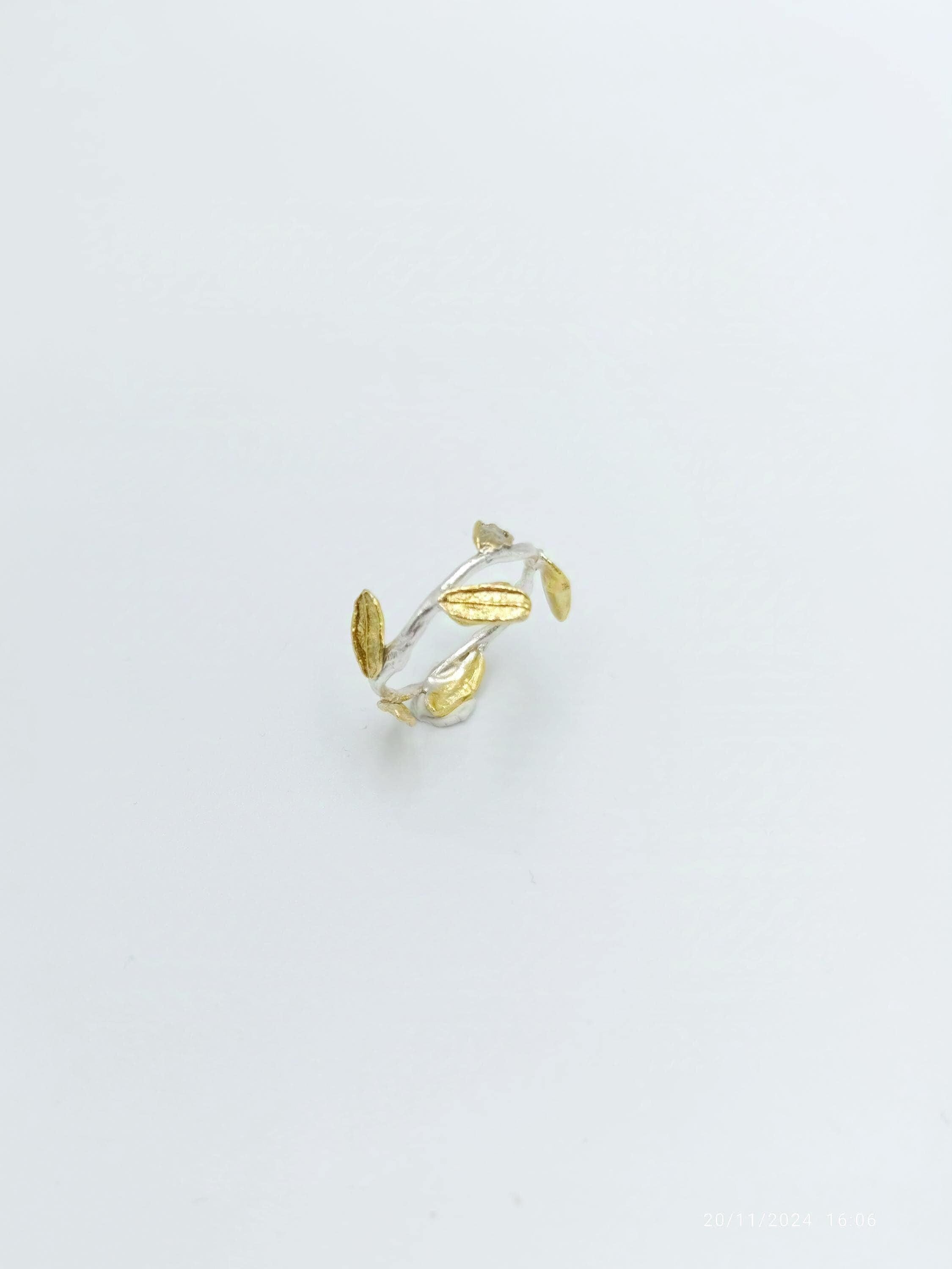 Gold Olive Branch Ring, Handmade Minimalist Jewelry, Birthday Gift for Her, Organic Tree Band, Eco Sustainable Sterling Silver 925