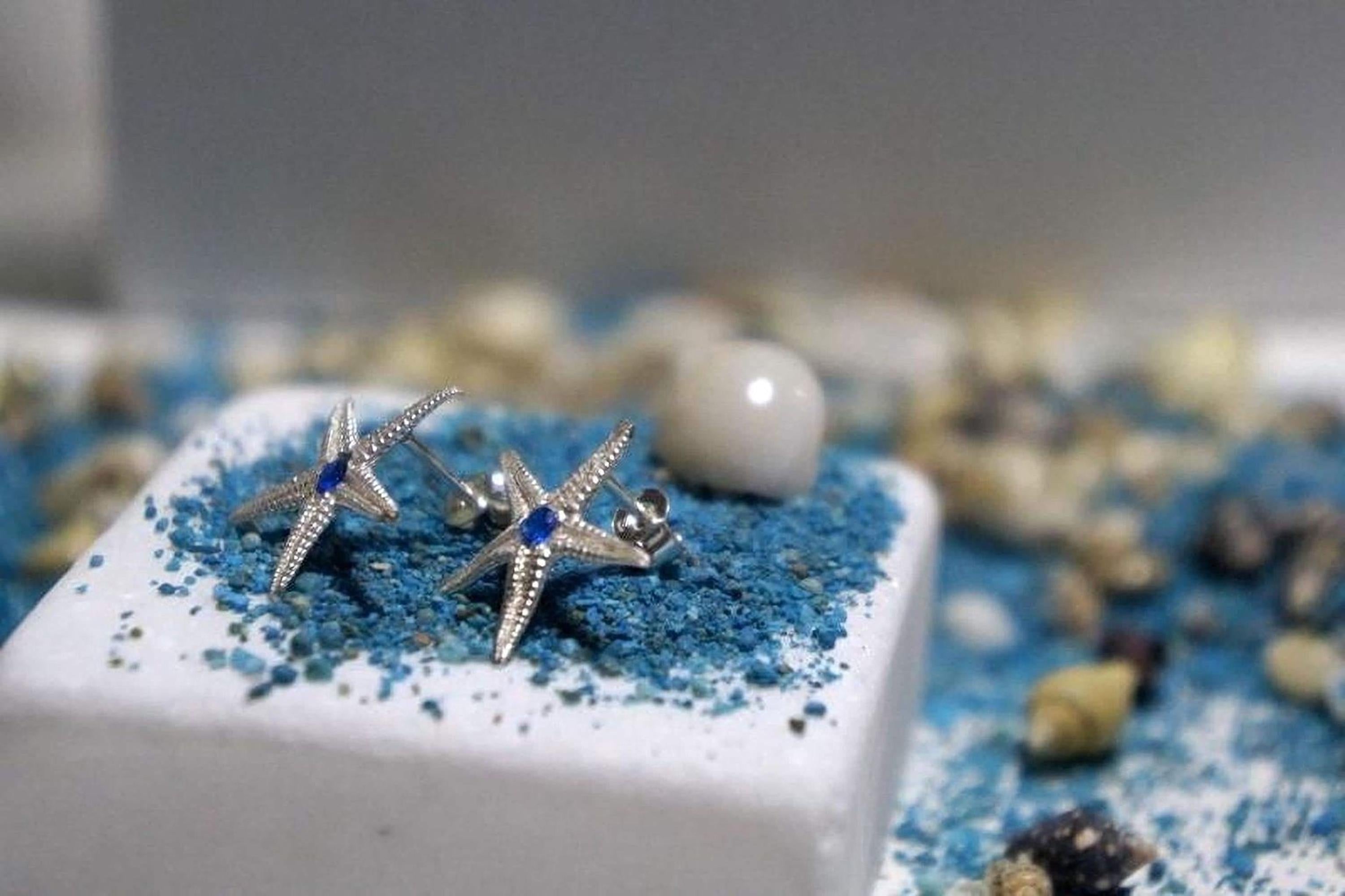 Silver Starfish Earrings with Zircon, Handmade Minimalist Jewelry, Organic Beach Studs, Gift for Health and Longevity, Sterling Silver 925