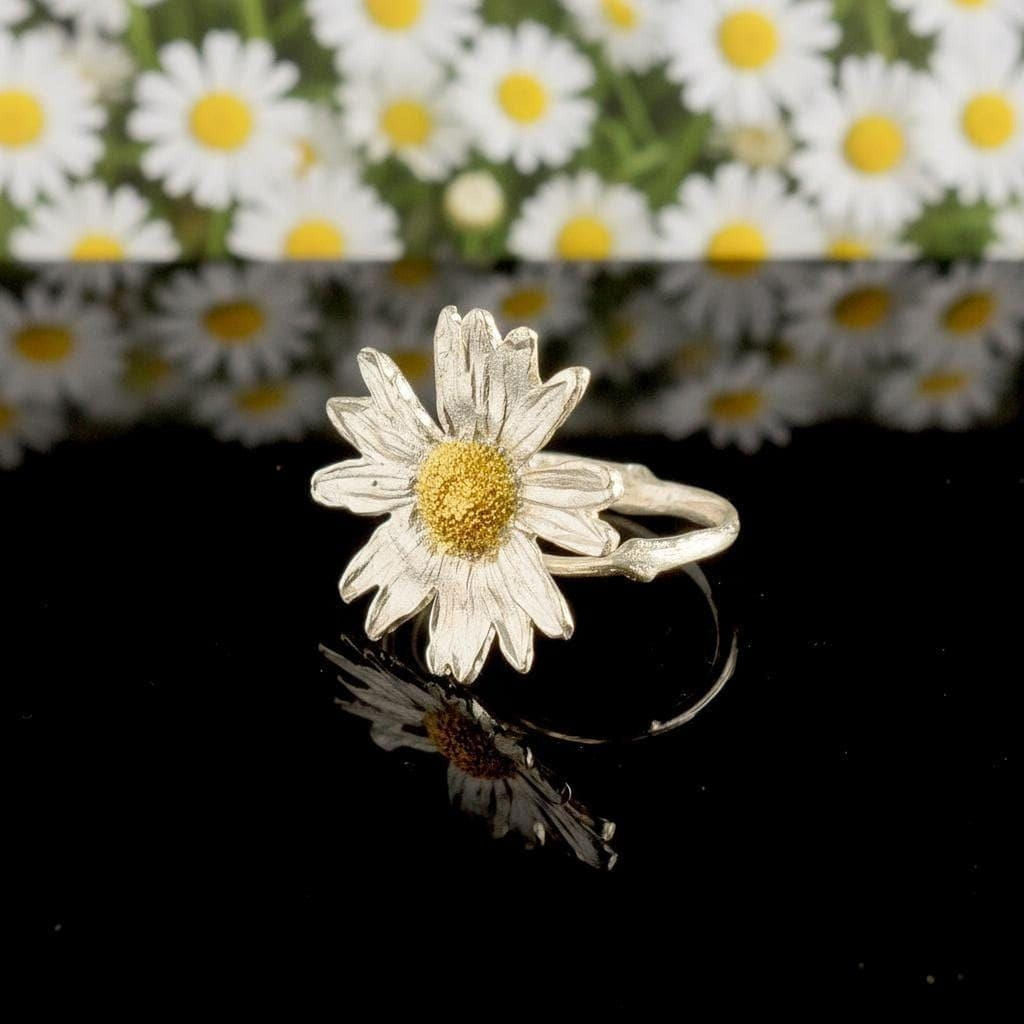 Real Daisy Flower Ring, Handmade Nature-Inspired Jewelry, Organic Boho Band, Gift for Health and Youth, Sterling Silver 925