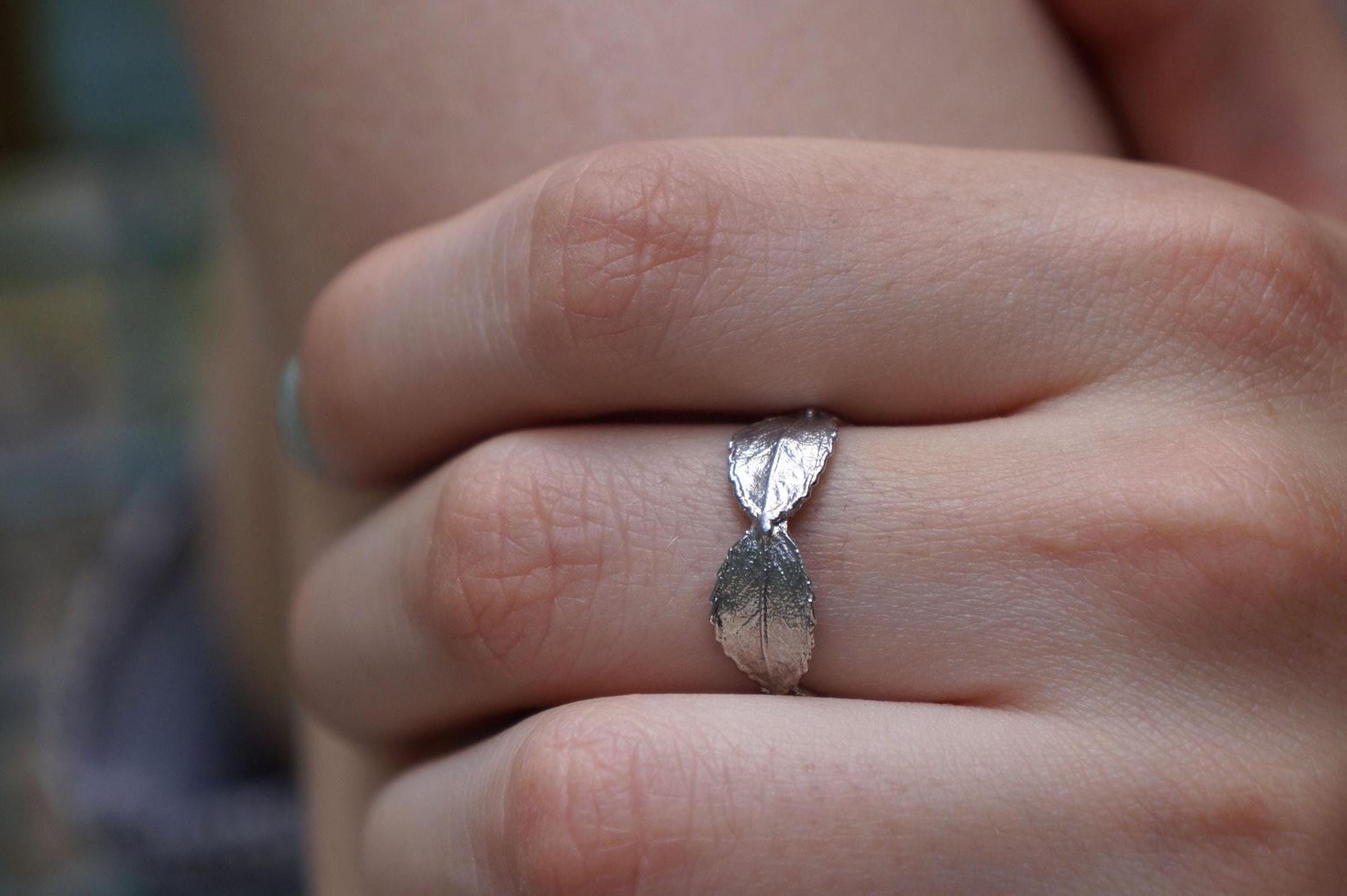 Real Rose Leaf Ring, Handmade Minimalist Jewelry, Organic Forest Band, Gift for Passion & Luck, Eco Sustainable Sterling Silver 925
