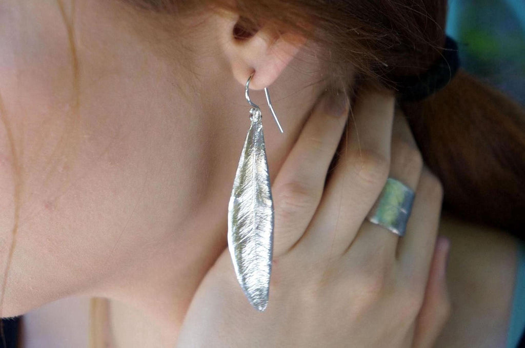 Olive Leaf Dangle Earrings, Gold Plated Sterling Silver 925 Jewelry, Handmade Nature Jewelry Gift, Birthday Gift for Women, Boho Fashion