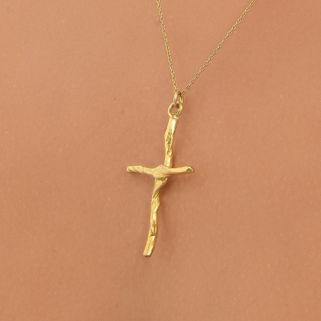 Gold Cross Necklace, Handmade Nature Jewelry, Organic Branch Pendant, Gift for Faith & Protection, Sterling Silver 925 Twig