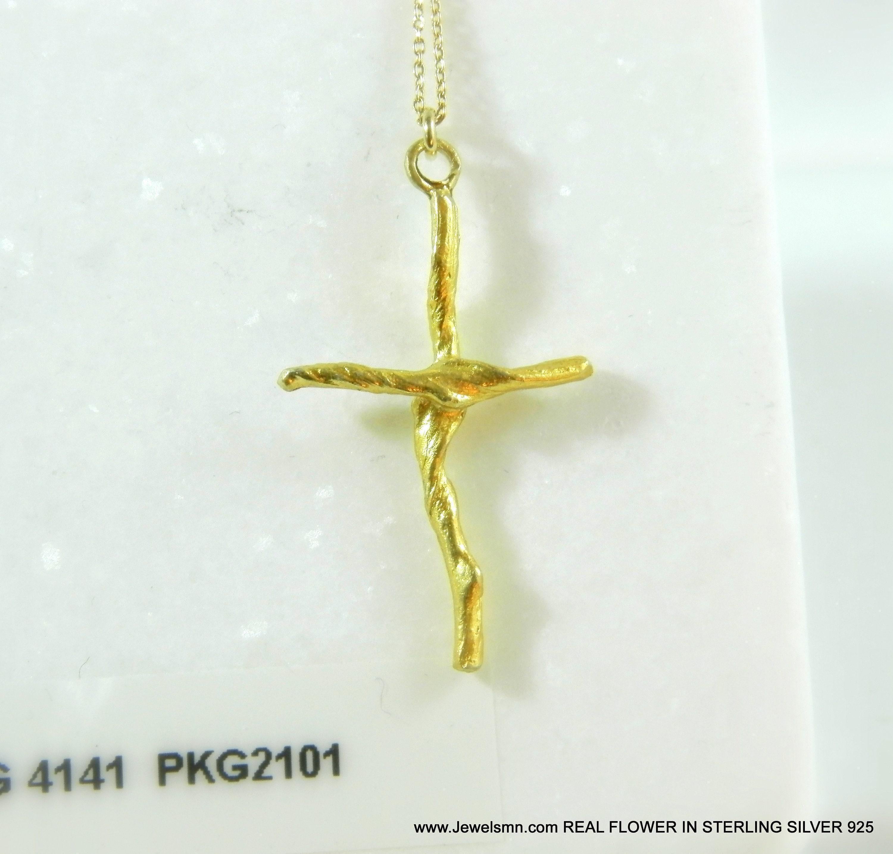 Gold Cross Necklace, Handmade Nature Jewelry, Organic Branch Pendant, Gift for Faith & Protection, Sterling Silver 925 Twig