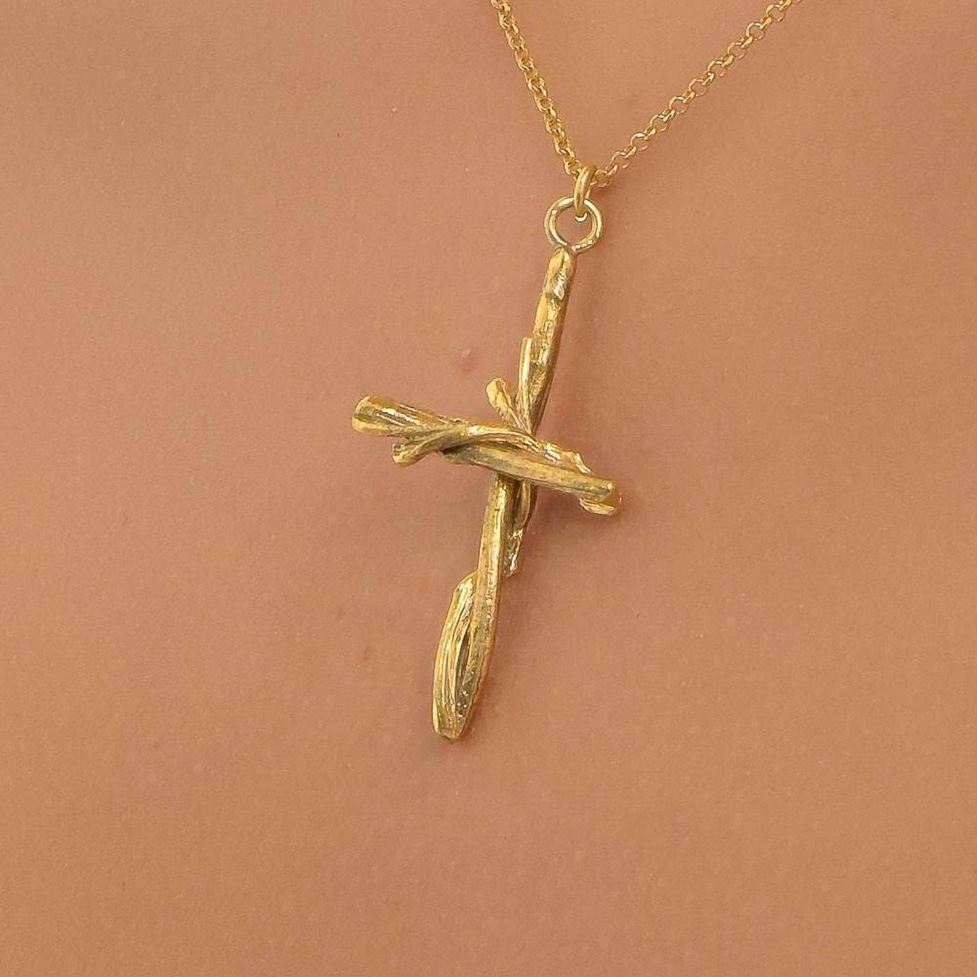 Gold Cross Necklace, Handmade Nature Jewelry, Organic Branch Pendant, Gift for Faith & Protection, Sterling Silver 925 Twig