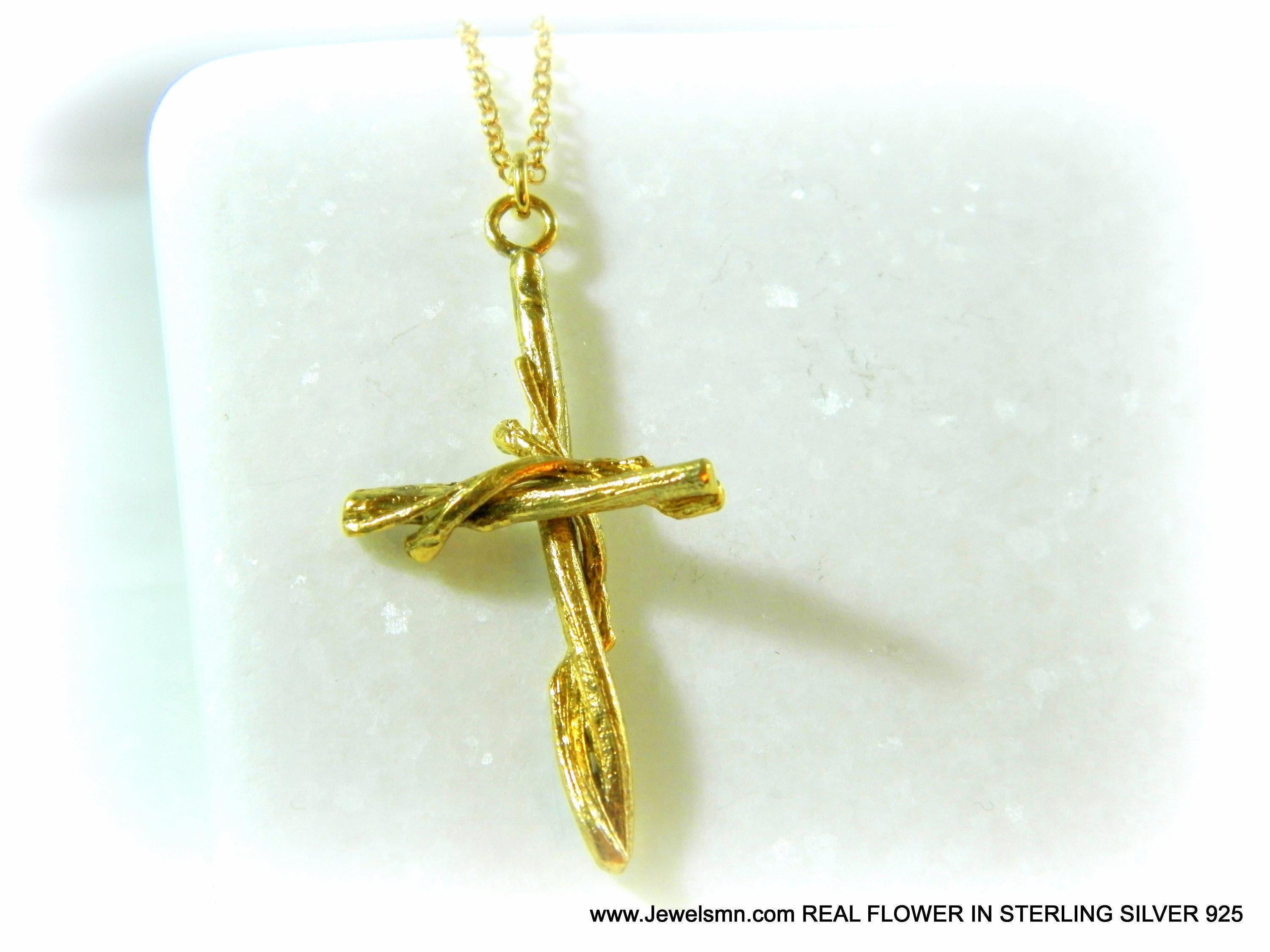 Gold Cross Necklace, Handmade Nature Jewelry, Organic Branch Pendant, Gift for Faith & Protection, Sterling Silver 925 Twig