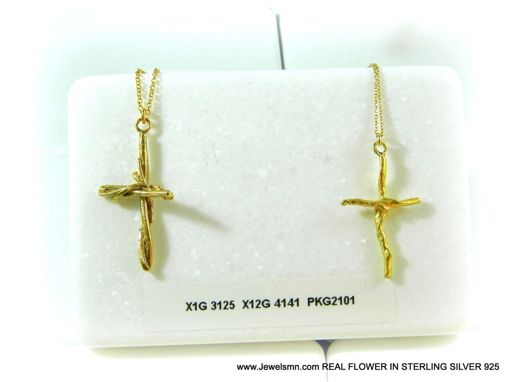 Gold Cross Necklace, Handmade Nature Jewelry, Organic Branch Pendant, Gift for Faith & Protection, Sterling Silver 925 Twig