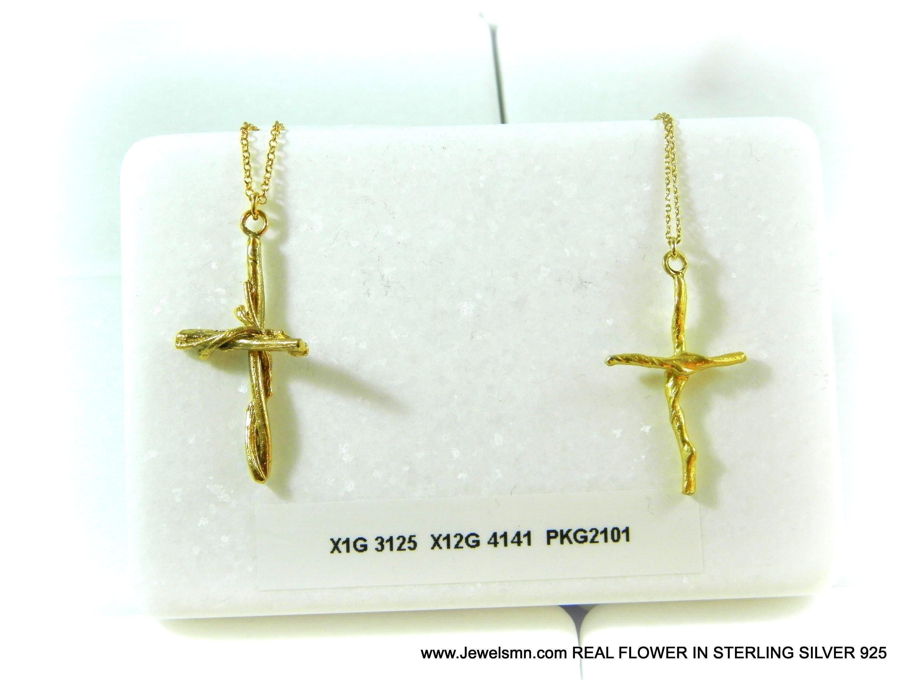 Gold Cross Necklace, Handmade Nature Jewelry, Organic Branch Pendant, Gift for Faith & Protection, Sterling Silver 925 Twig