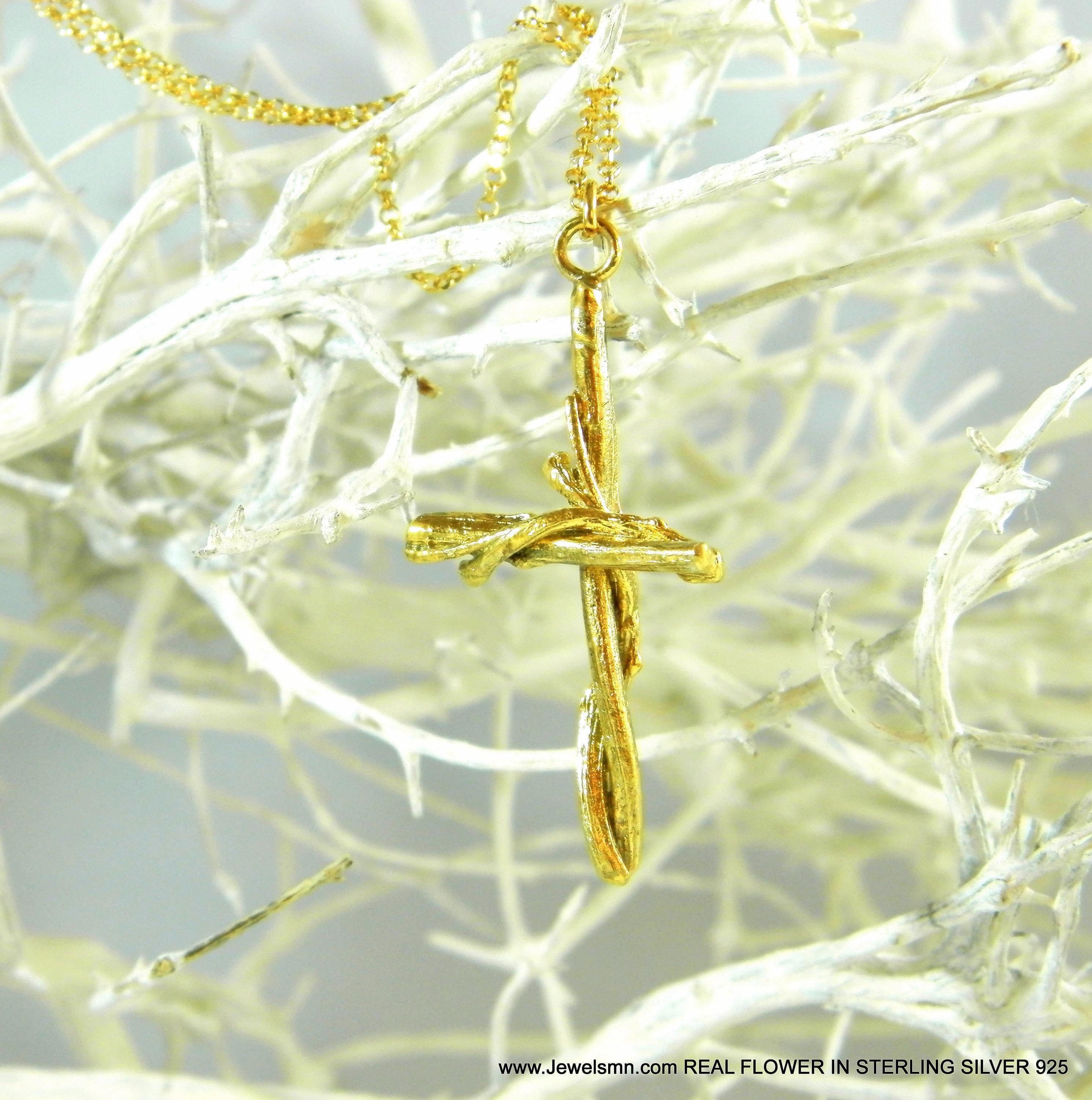 Gold Cross Necklace, Handmade Nature Jewelry, Organic Branch Pendant, Gift for Faith & Protection, Sterling Silver 925 Twig
