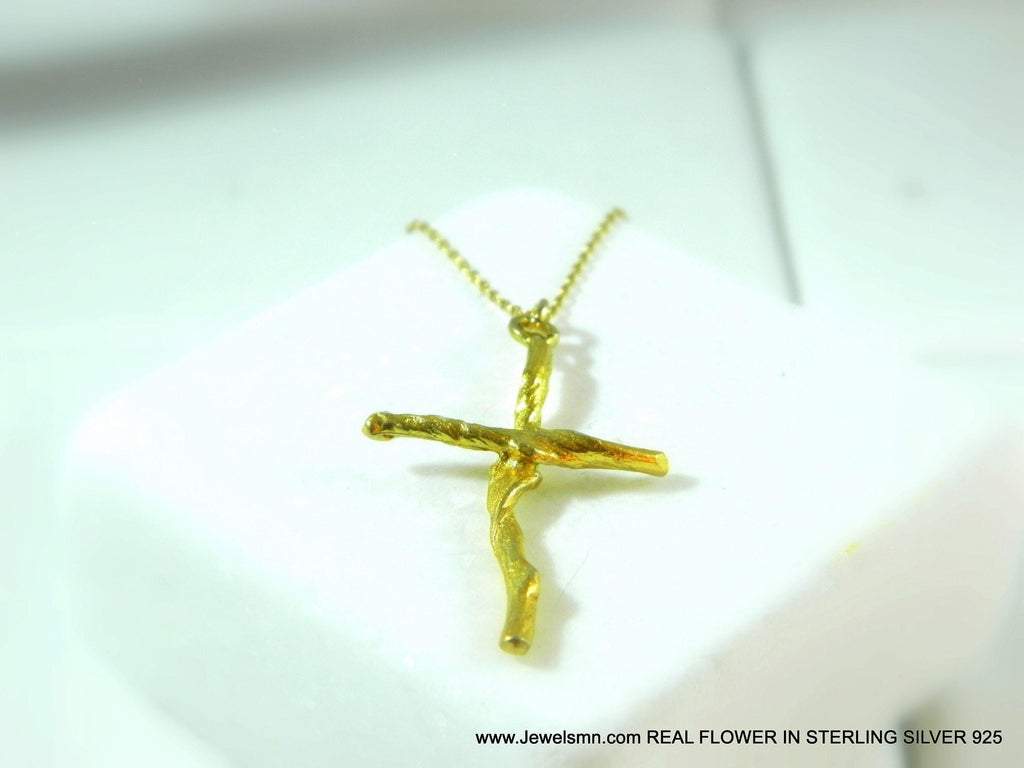 Gold Cross Necklace, Handmade Nature Jewelry, Organic Branch Pendant, Gift for Faith & Protection, Sterling Silver 925 Twig
