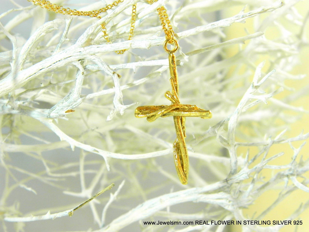 Gold Cross Necklace, Handmade Nature Jewelry, Organic Branch Pendant, Gift for Faith & Protection, Sterling Silver 925 Twig