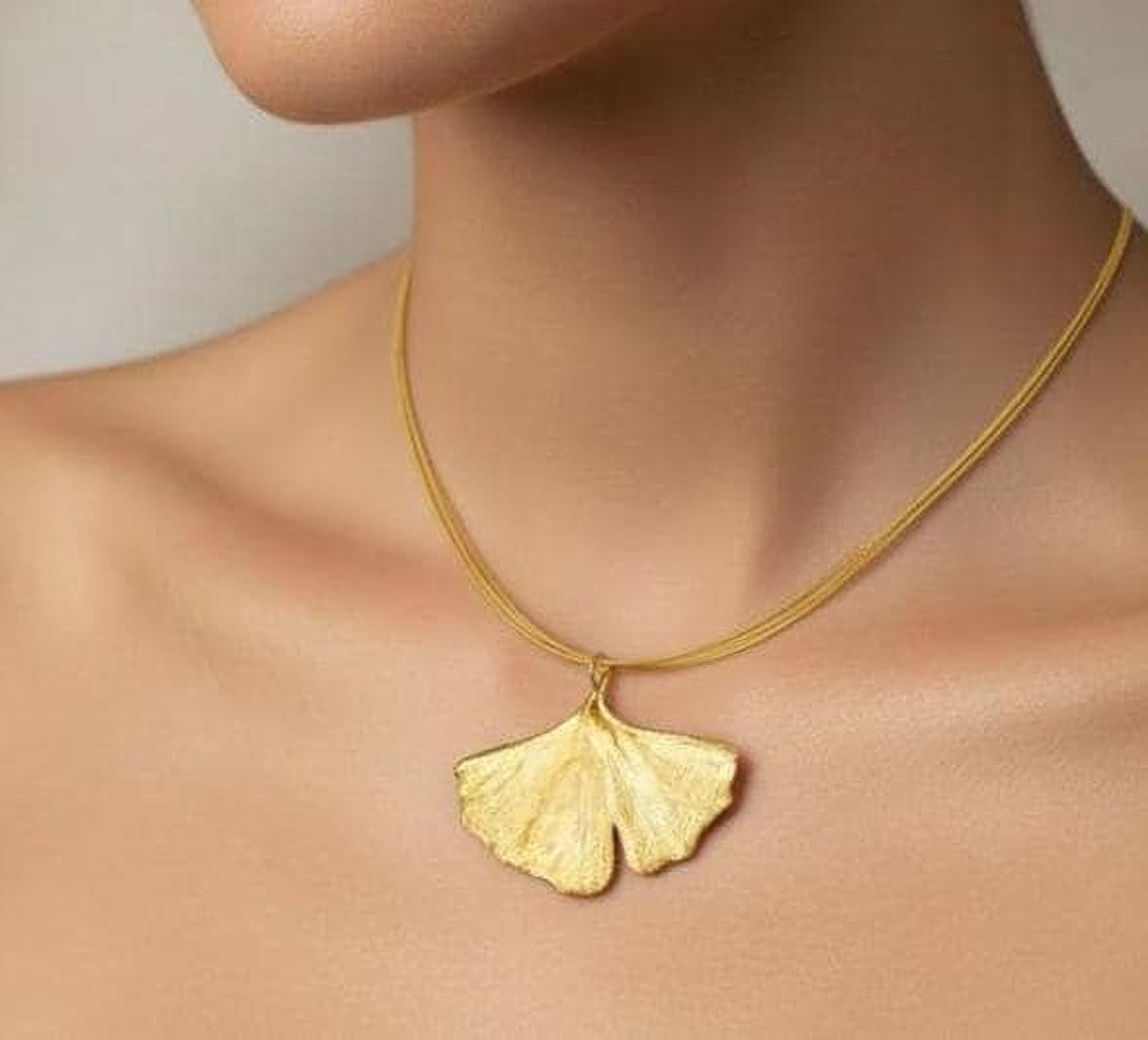 Real Ginkgo Biloba Leaf Necklace, 14K Gold Plated Sterling Silver 925 Pendant, Handmade Statement Boho Jewelry Gift, Birthday Gift for Women