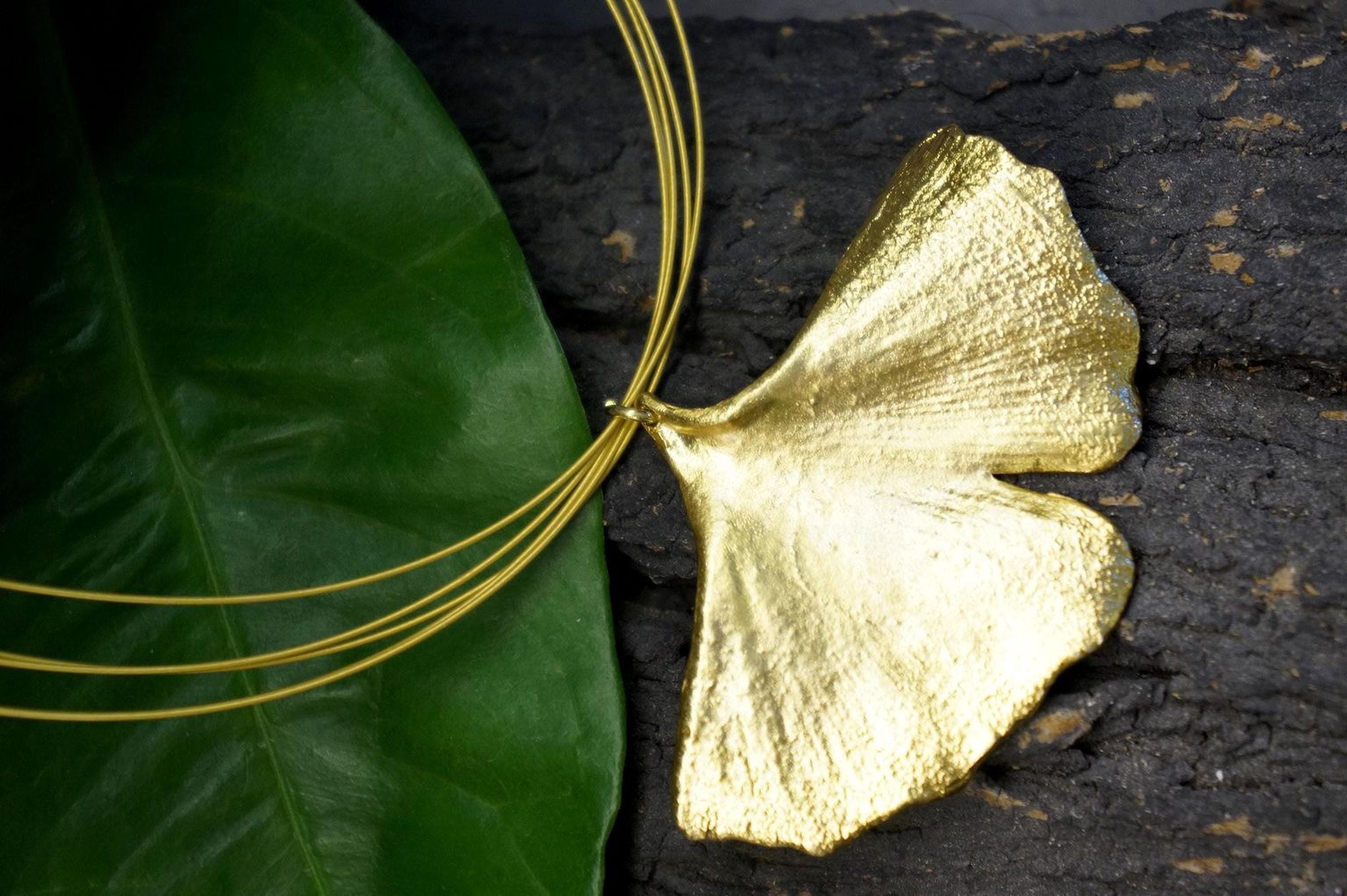 Real Ginkgo Biloba Leaf Necklace, 14K Gold Plated Sterling Silver 925 Pendant, Handmade Statement Boho Jewelry Gift, Birthday Gift for Women