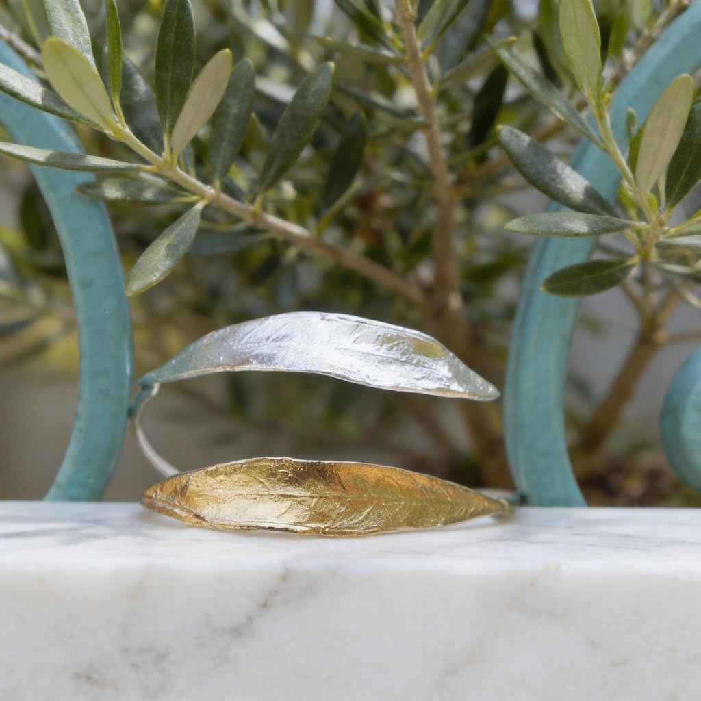 Gold Olive Leaf Bracelet, Handmade Nature Jewelry, Organic Tree Cuff, Gift for Victory & Health, Eco Sustainable Sterling Silver 925