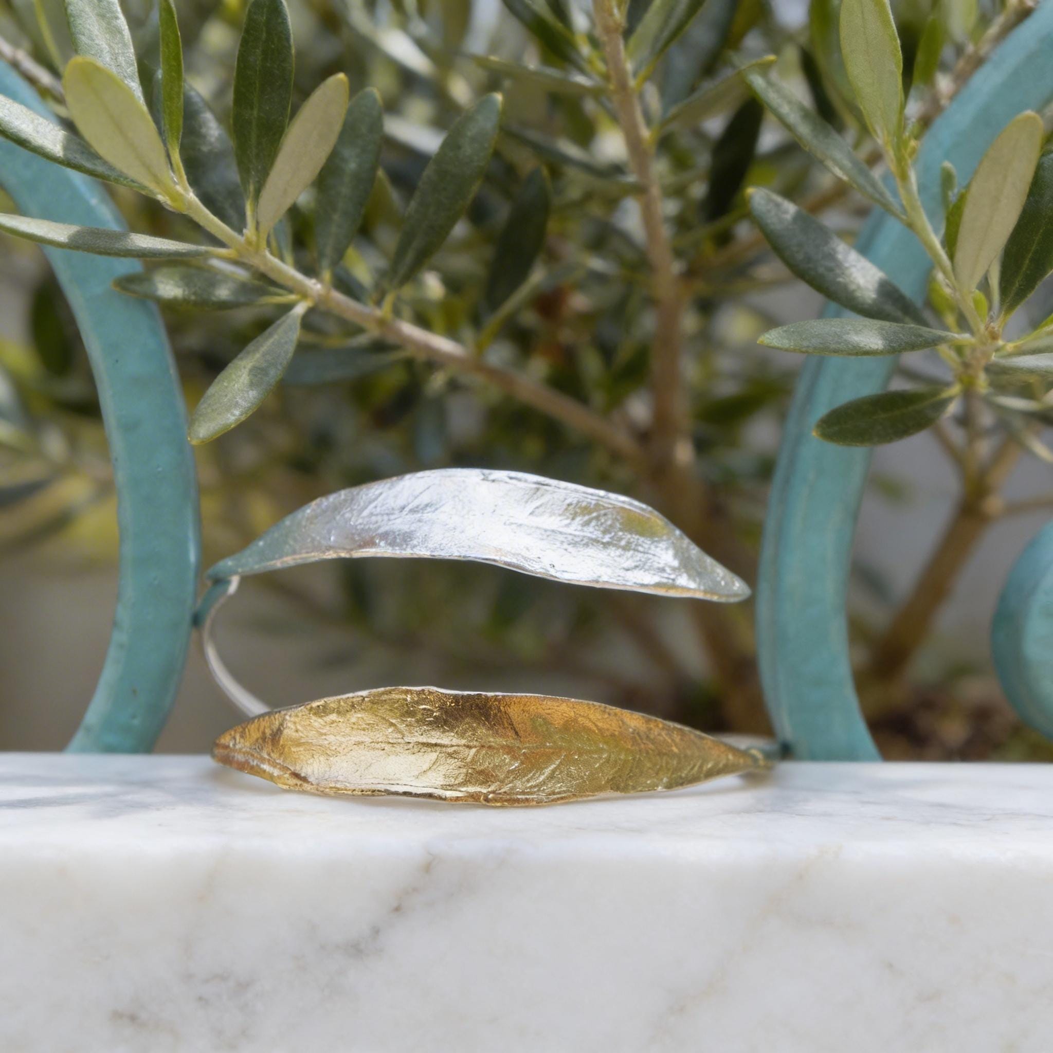 Gold Olive Leaf Bracelet, Handmade Nature Jewelry, Organic Tree Cuff, Gift for Victory & Health, Eco Sustainable Sterling Silver 925