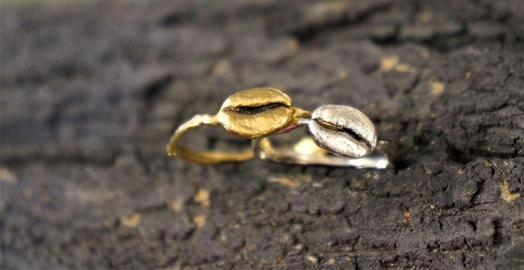 Real Coffee Bean Ring, Handmade Minimalist Jewelry, Organic Dainty Band, Gift for Health & Warmth, Gold or Sterling Silver 925 (Unisex)