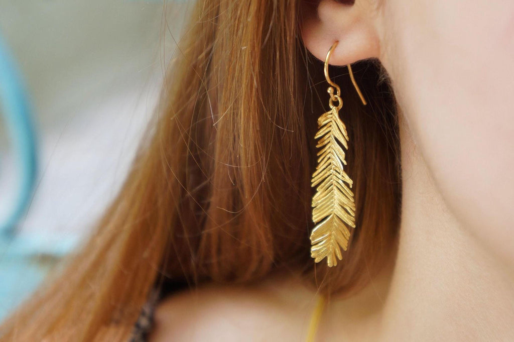 Solid Gold Acacia Leaf Earrings, Handmade Nature Jewelry, Organic Forest Dangles, Gift for Beauty & Health, Real Gold (9K, 14K, 18K)
