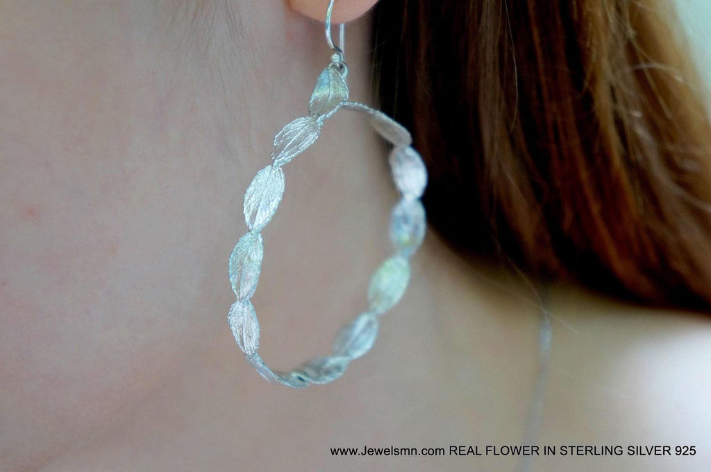 Silver Rose Leaves Earrings, Handmade Minimalist Jewelry, Botanical Dangle Hoops, Gift for Luck & Love, Eco Sustainable Sterling Silver 925