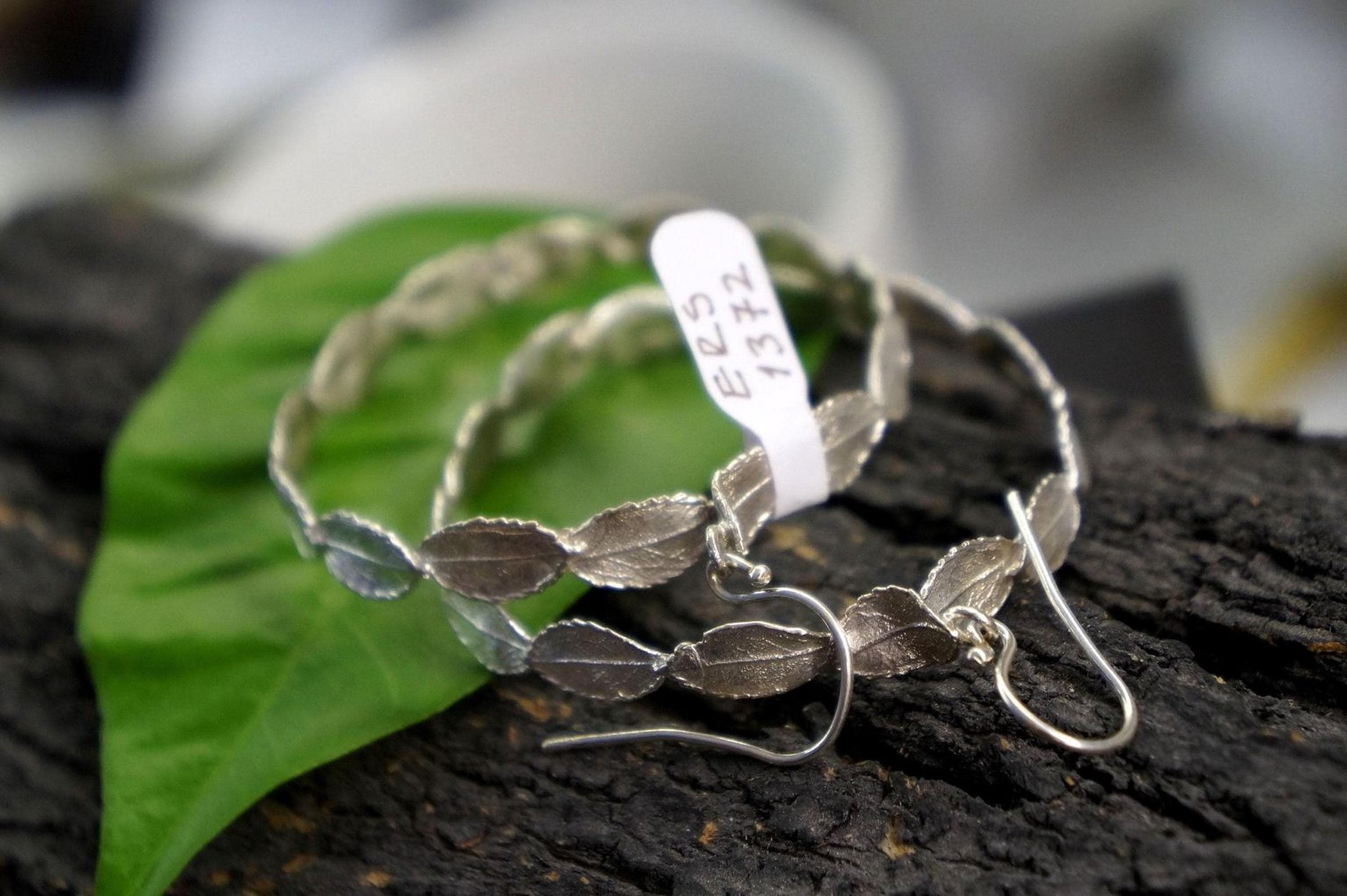 Silver Rose Leaves Earrings, Handmade Minimalist Jewelry, Botanical Dangle Hoops, Gift for Luck & Love, Eco Sustainable Sterling Silver 925