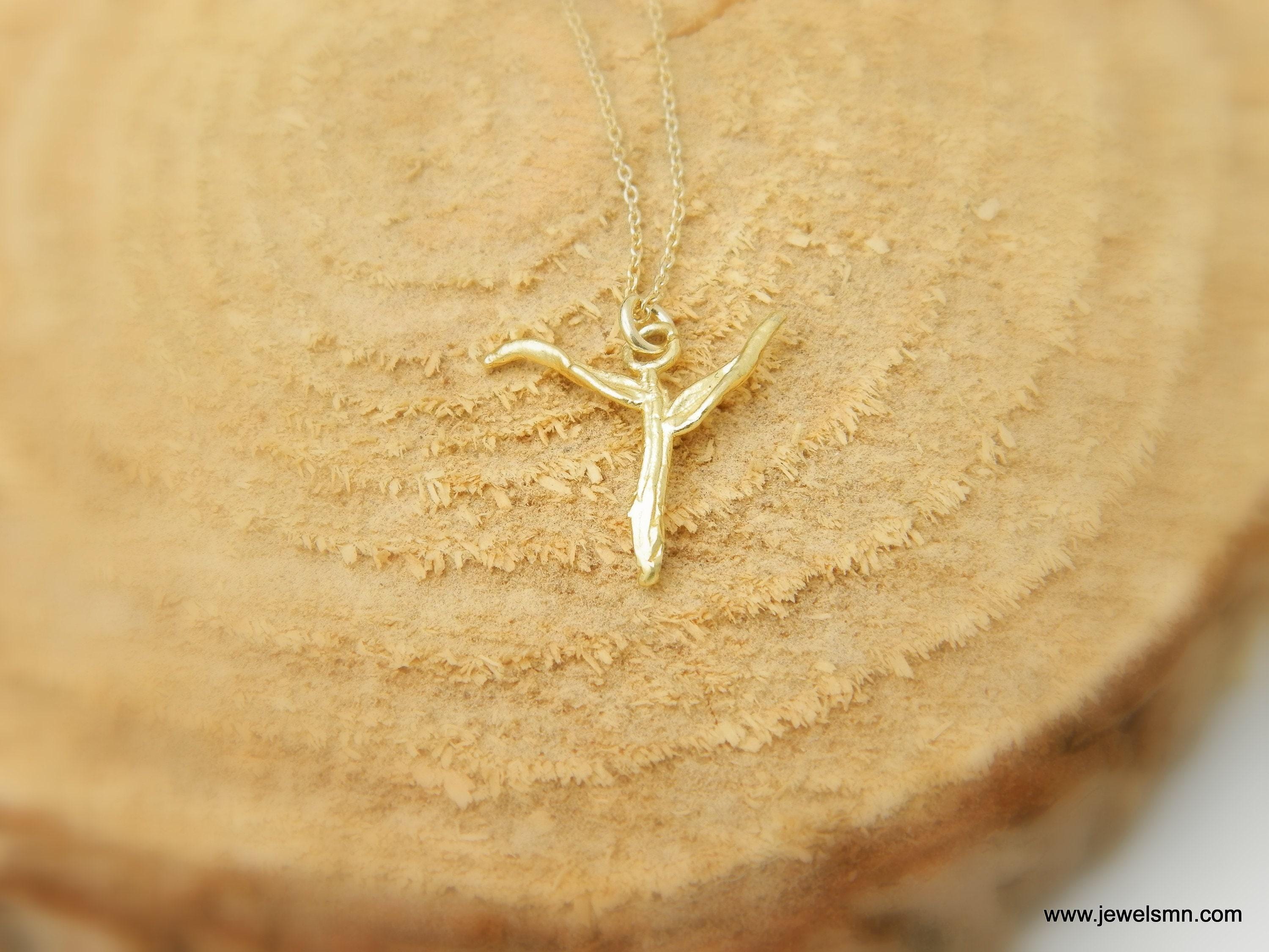 Solid Gold Acacia Branch Cross Necklace, Handmade Minimalist Jewelry, Organic Pendant, Gift for Faith & Spirituality, Real Gold (9K-18K)