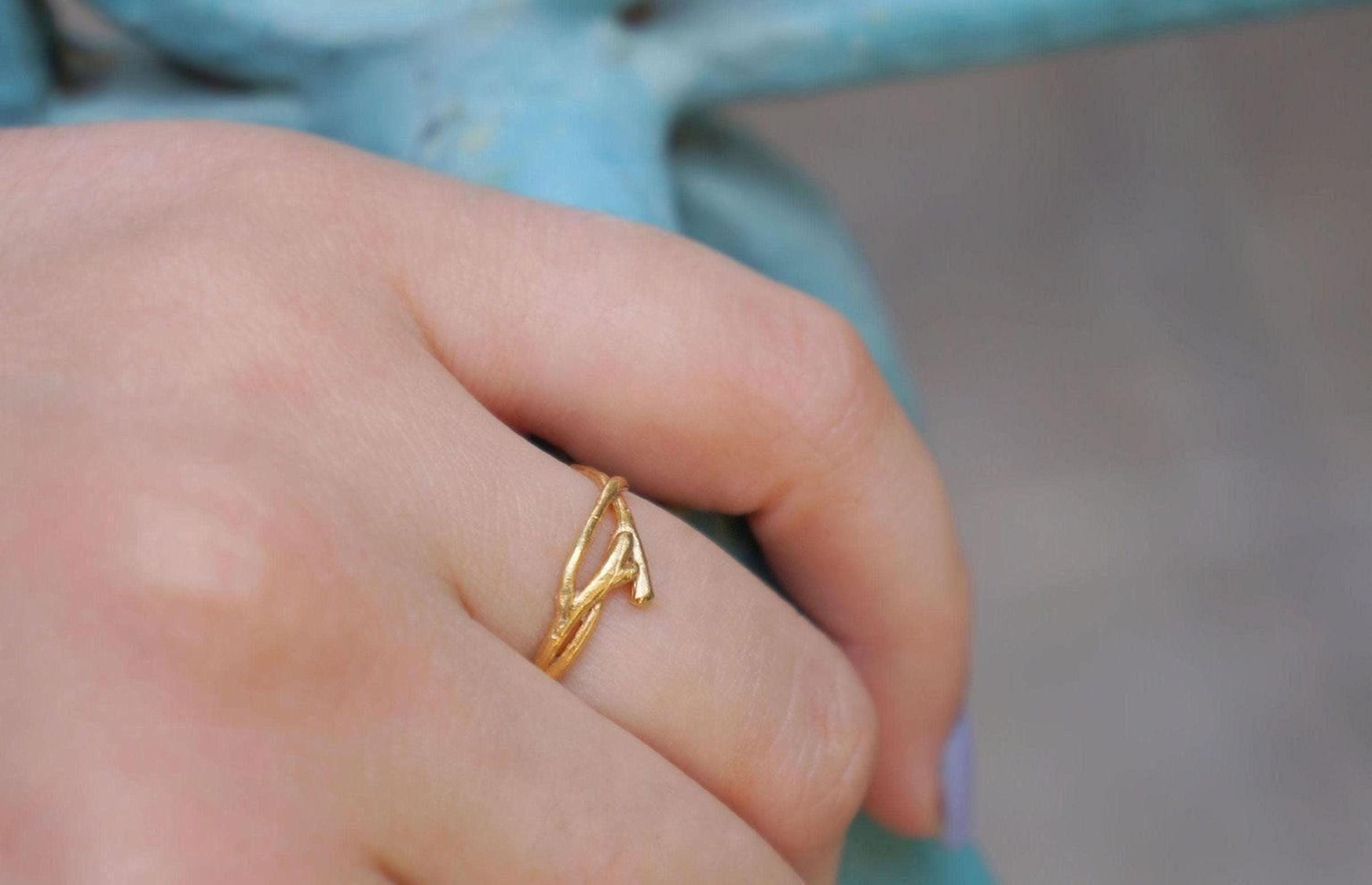 Real Jasmine Branch Ring, Gold Plated Sterling Silver 925 Band, Stack Twig Ring, Handmade Minimalist Jewelry Gift, Birthday Gift for Her