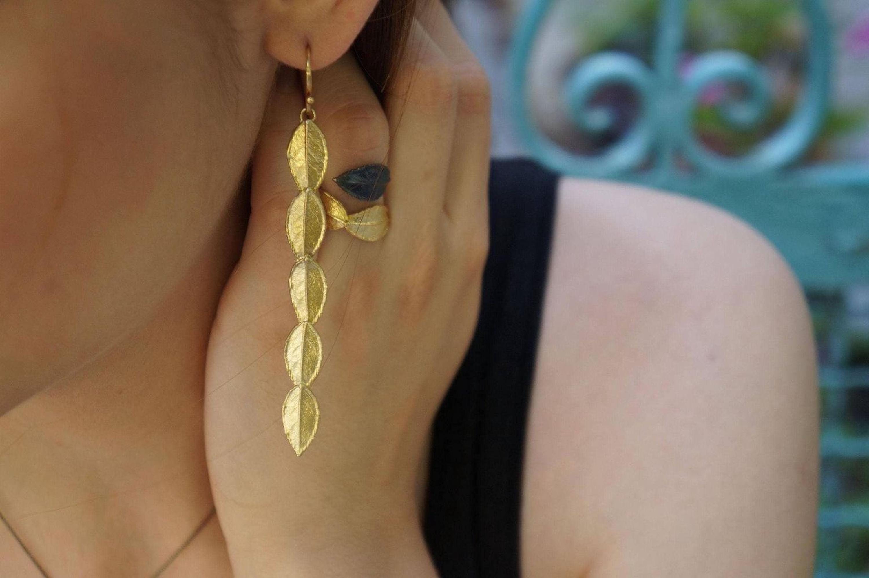 Real Rose Leaf Earrings, 14K Gold Plated Brass Drops Earrings, Handmade Boho Jewelry Gift, Birthday Gift for Women, Eco Jewelry