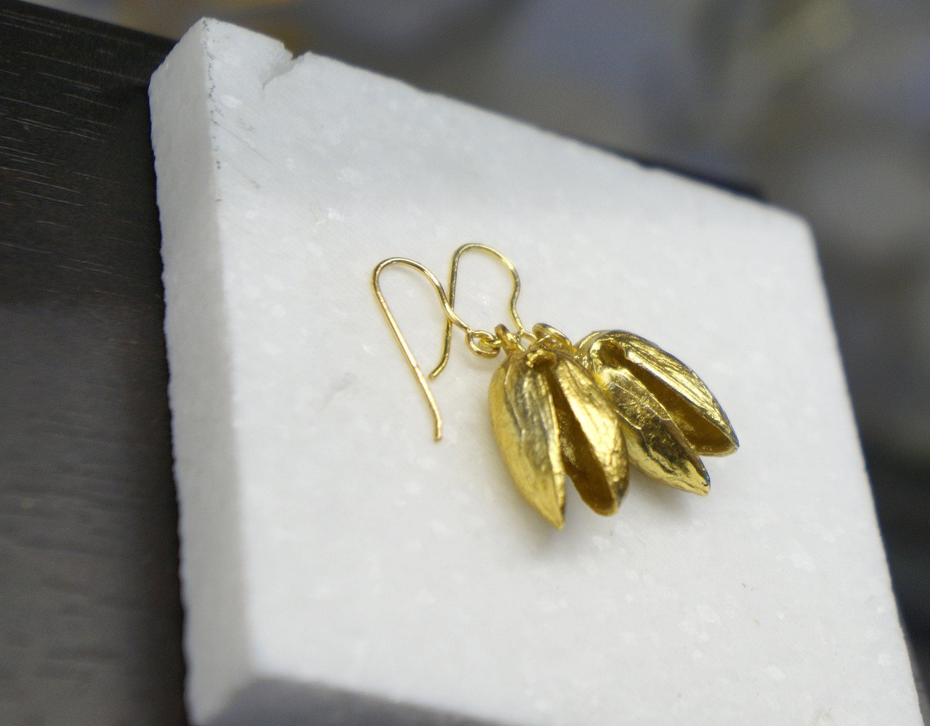 Real Pistachio Gold Earrings, Handmade Nature Jewelry, Organic Drops, Gift for Health & Luck, Gold or Sterling Silver 925