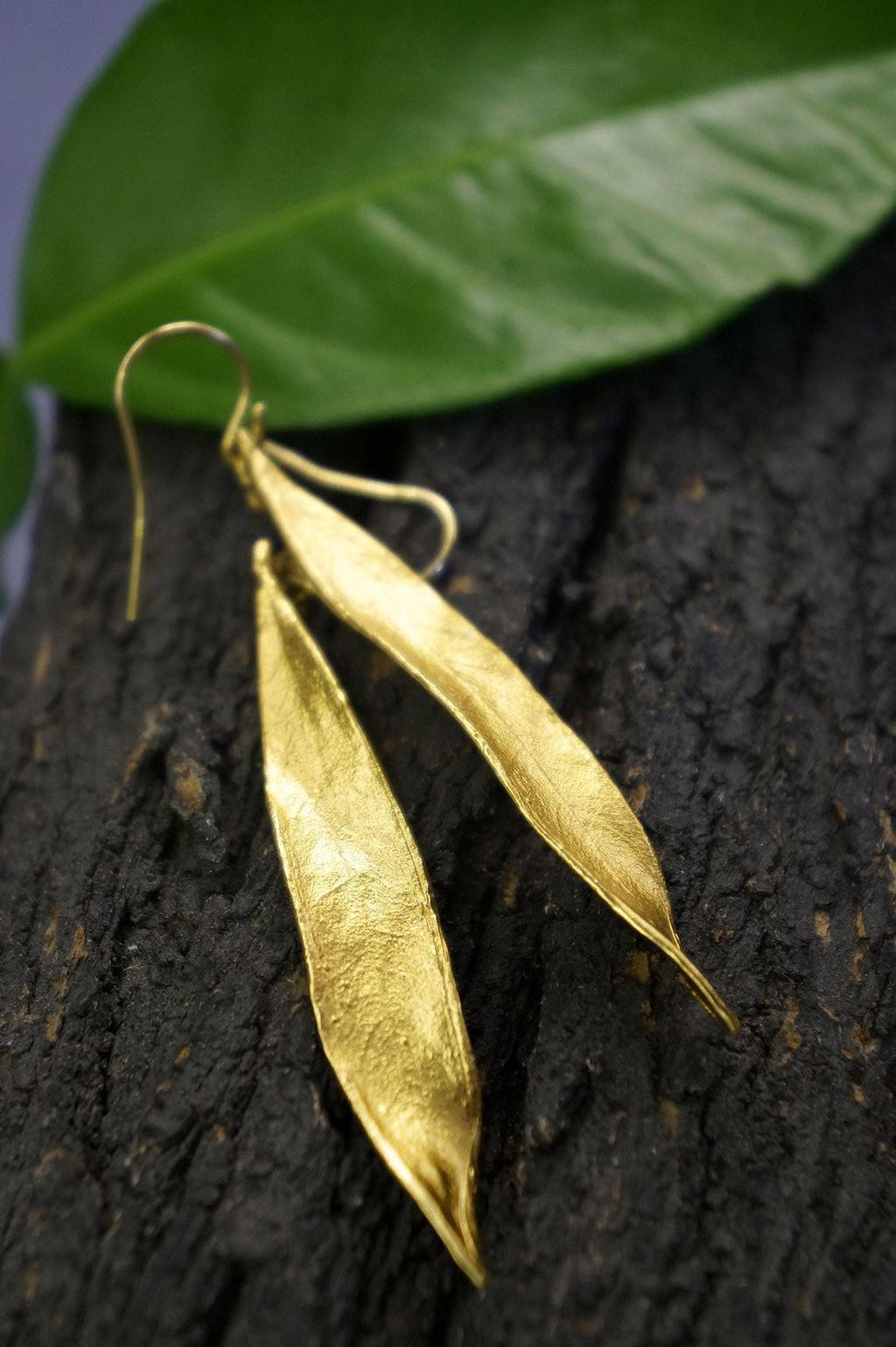 Gold Olive Leaf Dangle Earrings, Handmade Nature Jewelry, Birthday Gift for Success & Health, Eco Sustainable Sterling Silver 925