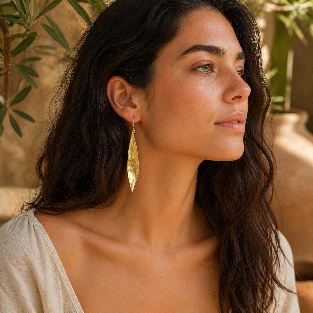 Gold Olive Leaf Dangle Earrings, Handmade Nature Jewelry, Birthday Gift for Success & Health, Eco Sustainable Sterling Silver 925