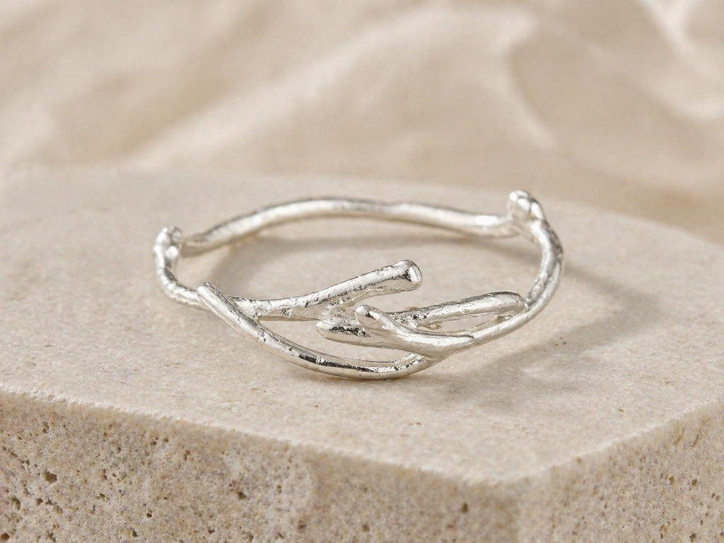 Silver Jasmine Branch Ring, Sterling Silver 925 Band, Handmade Minimalist Jewelry Gift, Birthday Gift for Women, Gift for Purity and Focus