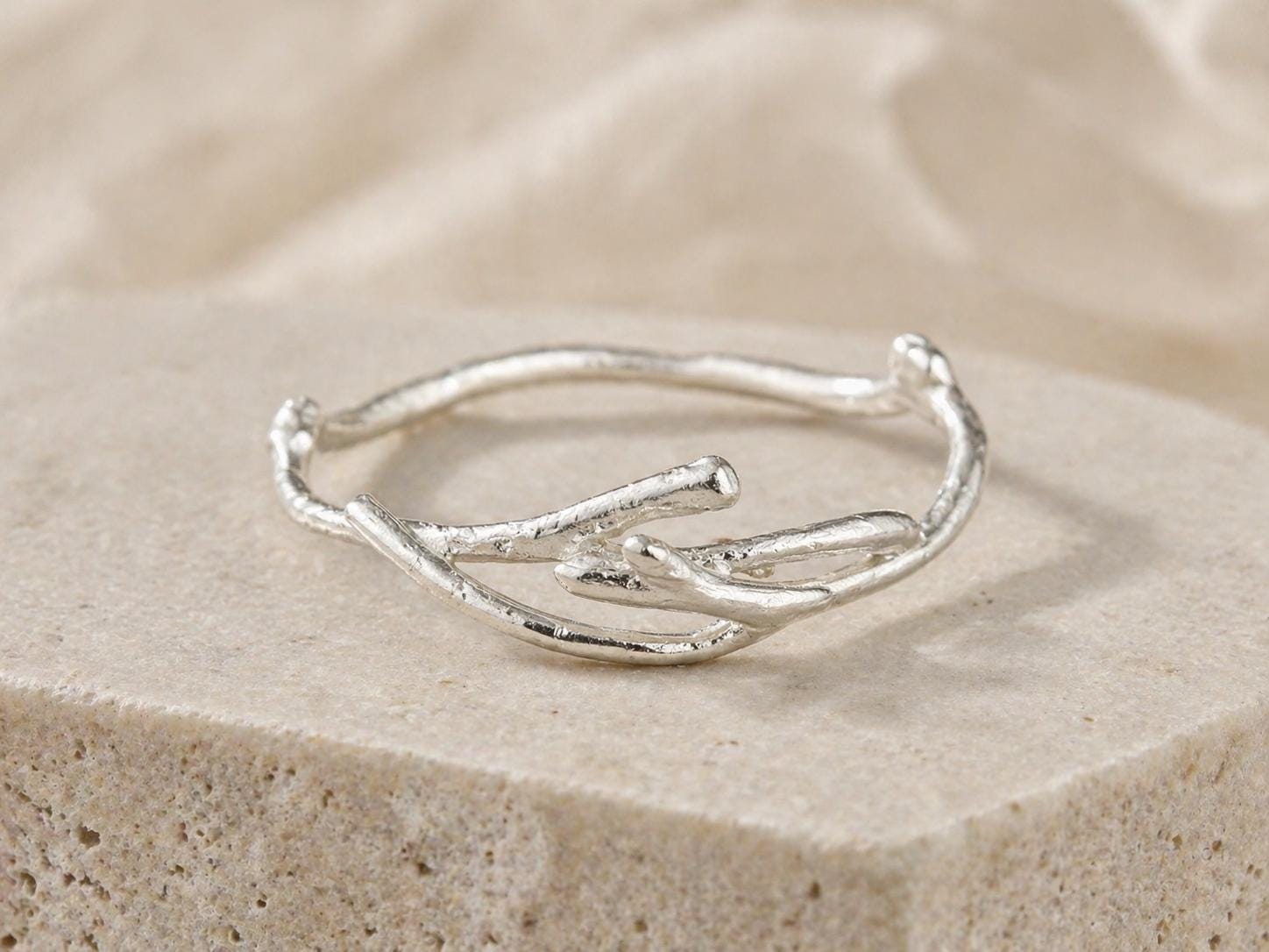 Silver Jasmine Branch Ring, Sterling Silver 925 Band, Handmade Minimalist Jewelry Gift, Birthday Gift for Women, Gift for Purity and Focus