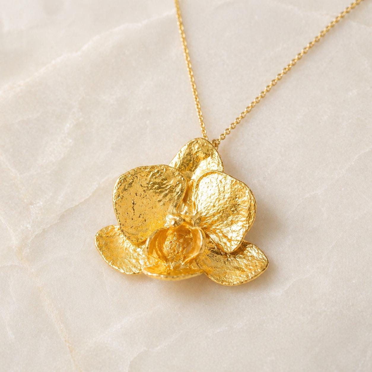 Gold Orchid Flower Necklace, Handmade Nature Jewelry, Organic Forest Pendant, Gift for Rejuvenation & Prosperity, Sterling Silver 925