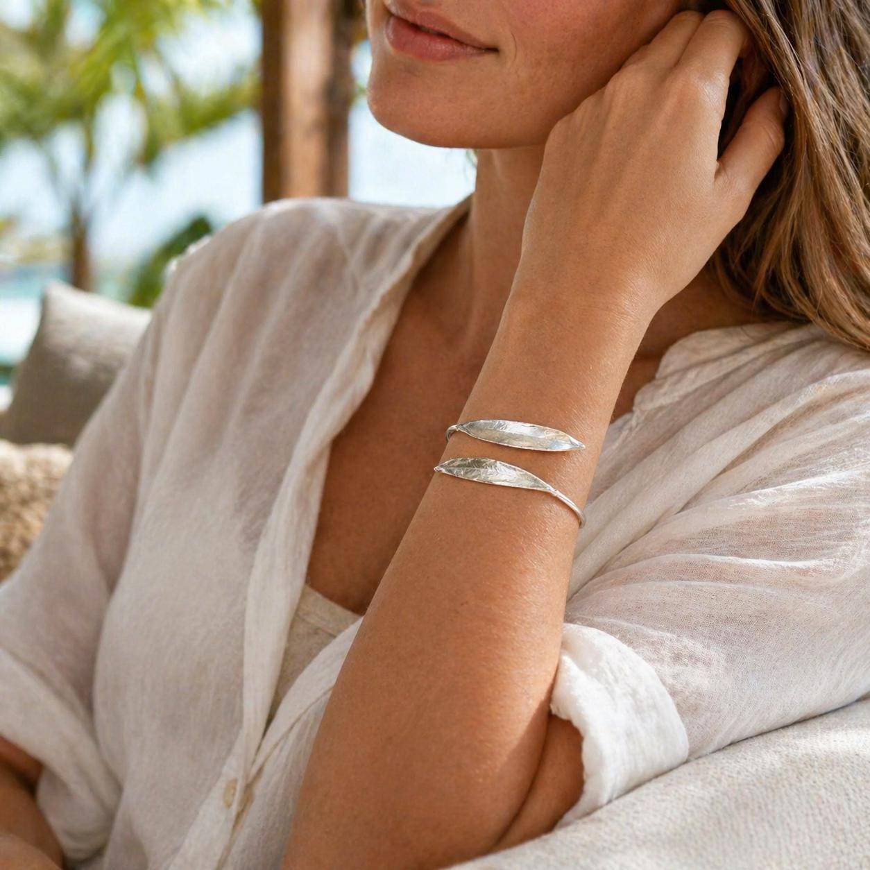 Gold Olive Leaf Bracelet, Handmade Nature Jewelry, Organic Tree Cuff, Gift for Victory & Health, Eco Sustainable Sterling Silver 925
