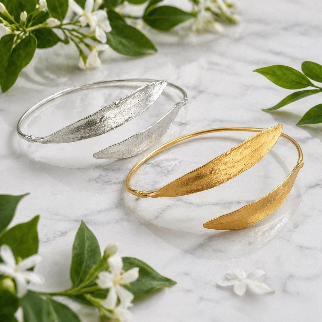 Gold Olive Leaf Bracelet, Handmade Nature Jewelry, Organic Tree Cuff, Gift for Victory & Health, Eco Sustainable Sterling Silver 925