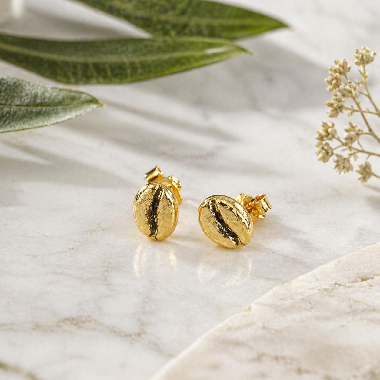 Real Coffee Bean Earrings, 14K Gold Plated Brass Stud Earrings, Handmade Minimalist Jewelry Gift, Minimalist Gold Studs