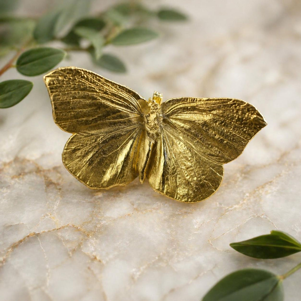 Real Butterfly Pin, Handmade Nature Jewelry, Organic Gold Brooch, Gift for Freedom & Health, Eco Sustainable Sterling Silver 925