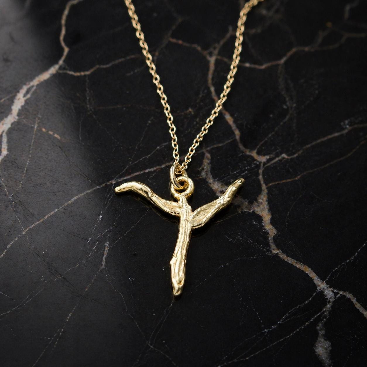 Solid Gold Acacia Branch Cross Necklace, Handmade Minimalist Jewelry, Organic Pendant, Gift for Faith & Spirituality, Real Gold (9K-18K)