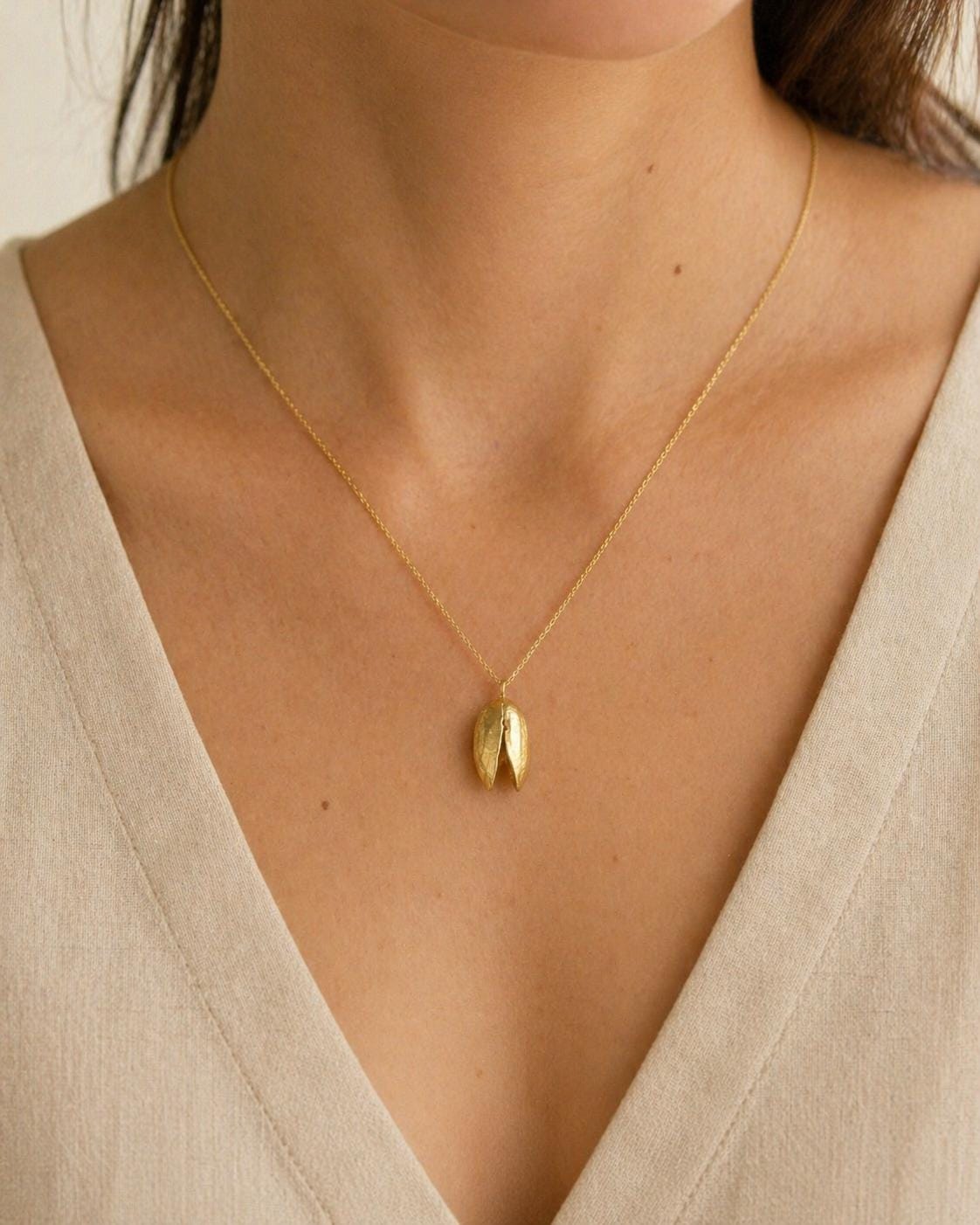 Real Pistachio Necklace, Handmade Minimalist Jewelry, Dainty Organic Pendant, Gift for Wealth & Luck, Gold on Sterling Silver 925