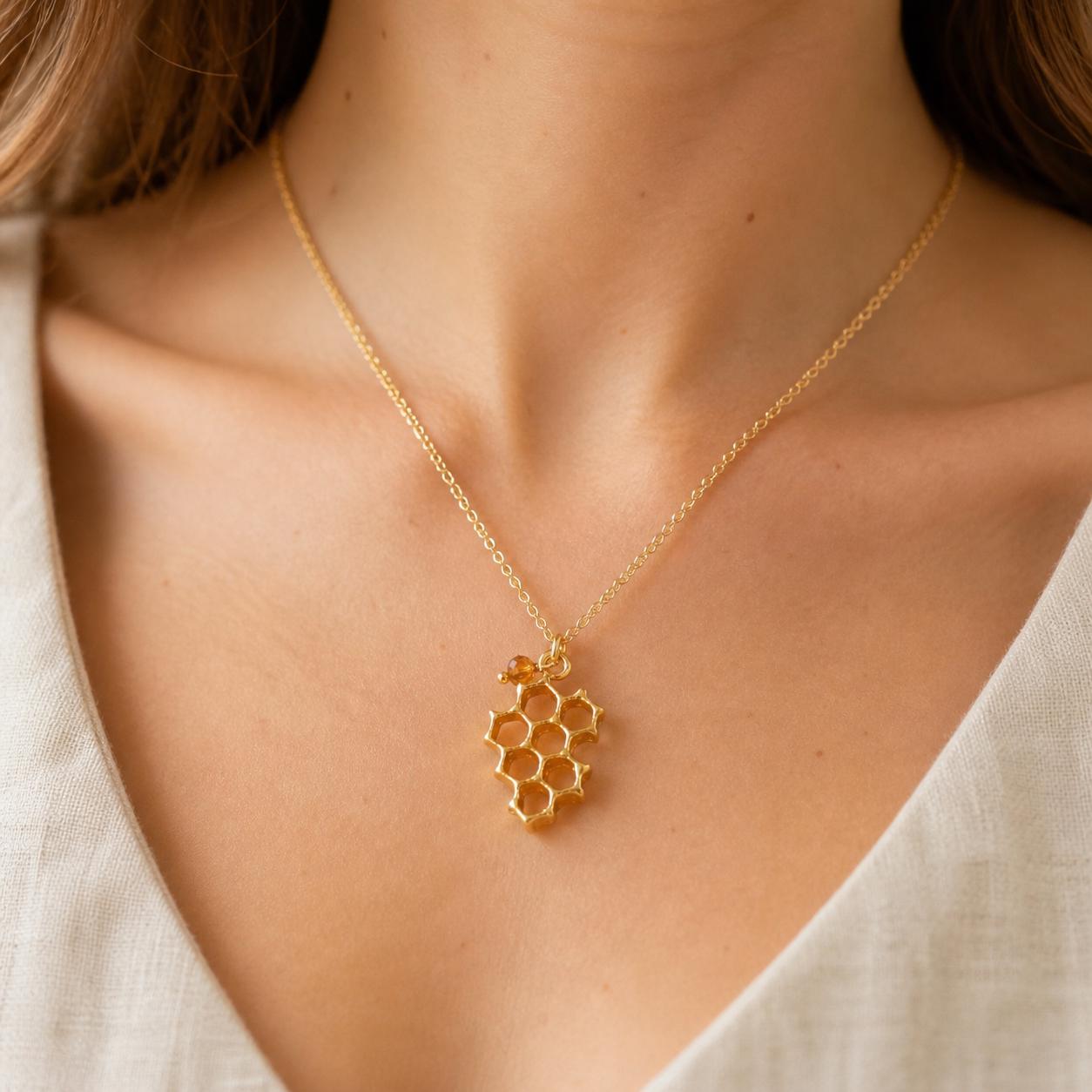 Real Honeycomb Bee Pendant, 14K Gold Plated Sterling Silver 925, Handmade Nature Jewelry, Birthday Gift for Women, Organic Fashion