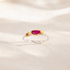 Dainty Ring with Red Gemstone, Handmade Minimalist Jewelry, Sterling Silver 925 Two-Tone Band, Dual Gem, Everyday Wear Gift for Women