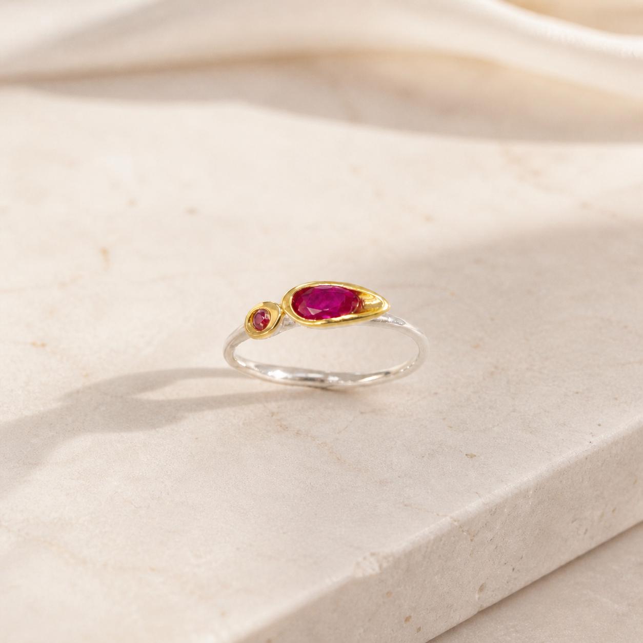 Dainty Ring with Red Gemstone, Handmade Minimalist Jewelry, Sterling Silver 925 Two-Tone Band, Dual Gem, Everyday Wear Gift for Women